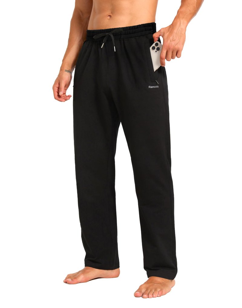 Men's Sweatpants Cotton Yoga Pants Casual Jersey Pants for Men Open Bottom Straight Leg with Zipper Pockets BK Large