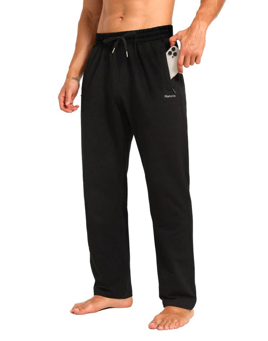 Men's Sweatpants Cotton Yoga Pants Casual Jersey Pants for Men Open Bottom Straight Leg with Zipper Pockets BK Large
