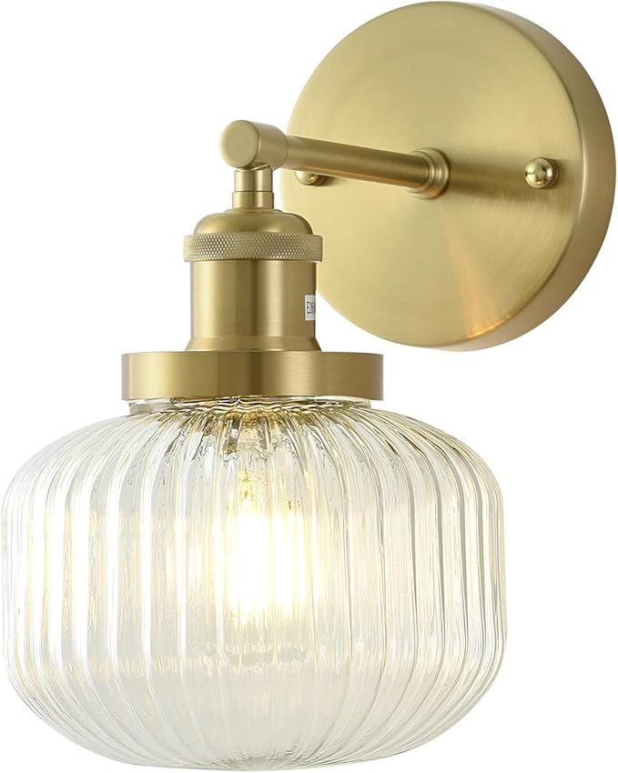 Vintage Wall Sconces with Clear Pumpkin Glass Lampshade, Indoor Bath-Room Wall Sconce, Modern Gold Industrial Lighting Fixture for Mirror Living Room Hallway 1 Pack
