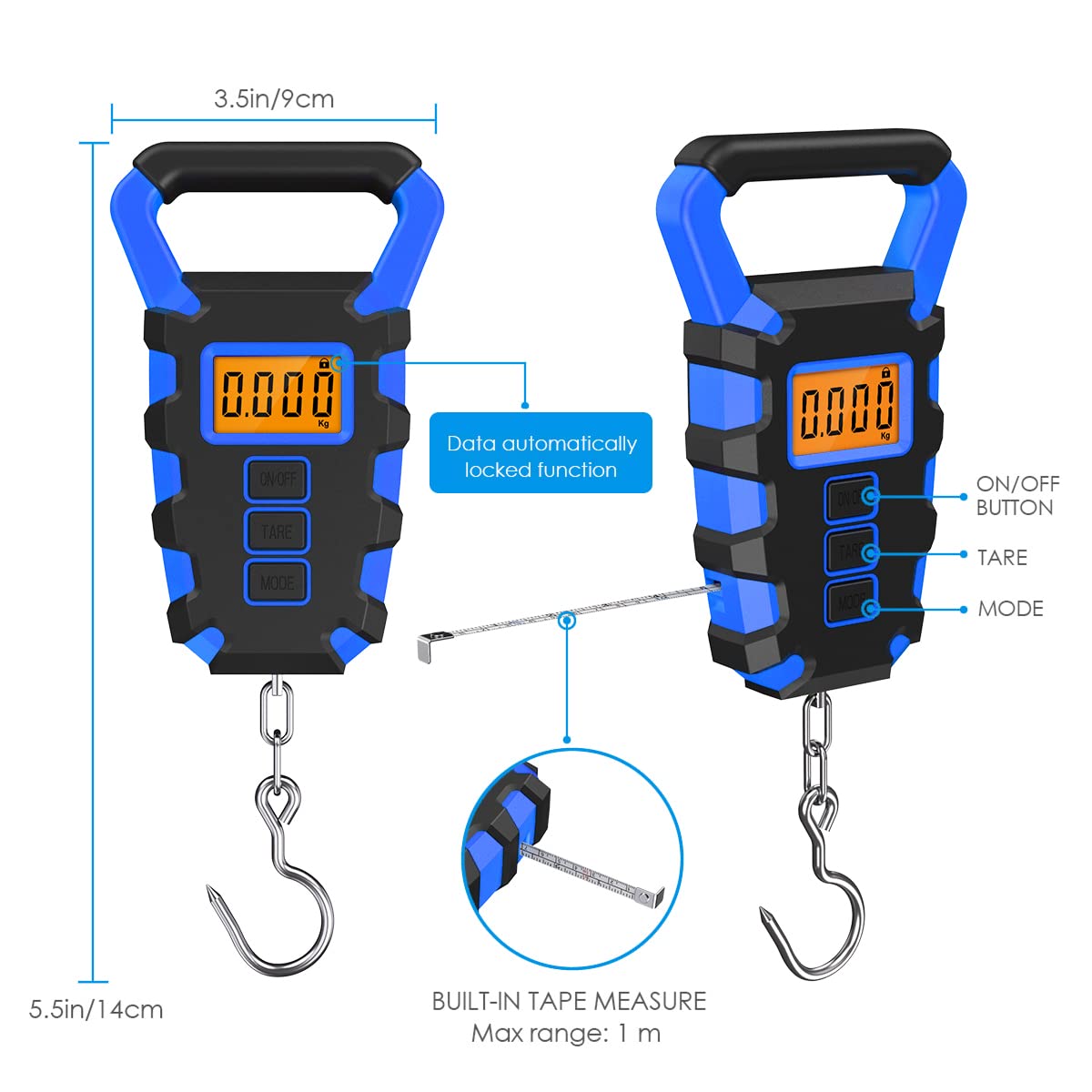 AMIR Luggage Scale with Hook, 110Lb/50kg Digital Fishing Scale, Portable Electric Hanging Scale Non-Slip Big Handle, 3 Modes-LB/OZ/KG, Backlit LCD Display