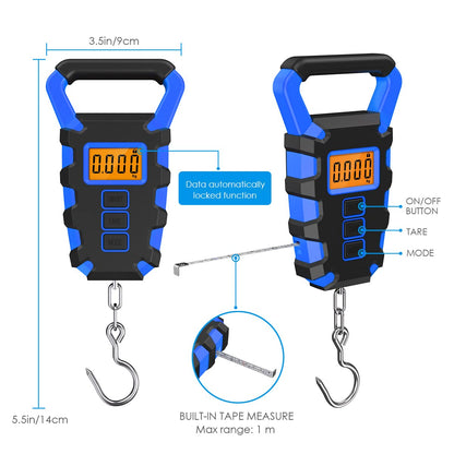 AMIR Luggage Scale with Hook, 110Lb/50kg Digital Fishing Scale, Portable Electric Hanging Scale Non-Slip Big Handle, 3 Modes-LB/OZ/KG, Backlit LCD Display