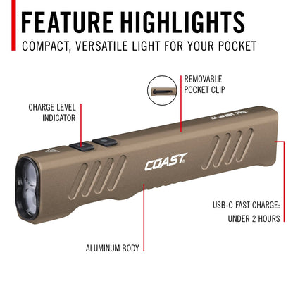 Coast Slayer 1150 Lumen USB-C Rechargeable LED Flashlight with Spot/Flood, Memory Mode and Pocket Clip, Dune