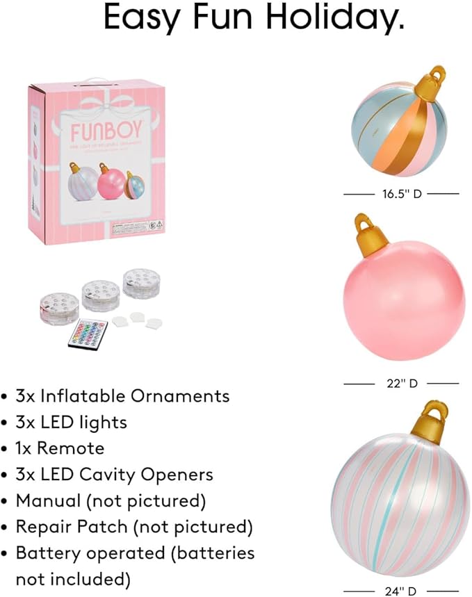 FUNBOY Giant Inflatable Light-Up Classic Pink Christmas Ornaments, 3 Giant Sizes 24'', 22'' and 16.5'' Indoor/Outdoor (3 Pack)