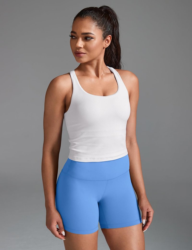 HeyNuts Zeal Longline Ribbed Sports Bras for Women, Medium Impact Wirefree Yoga Tank Tops Criss Cross Back Crop Tops Workout Bras White M