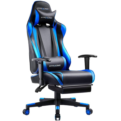 GTRACING Gaming Chair with Footrest, Ergonomic Computer Game Desk Chair, Reclining Game Chair Seat Height Adjustment, Swivel Rocker with Headrest and Lumbar (Blue)