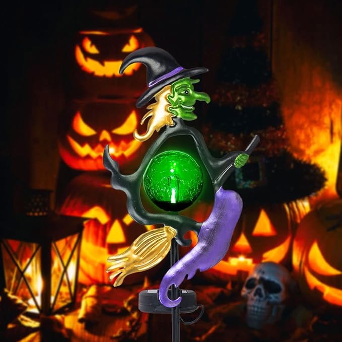 Viveta Solar Halloween Lights, Witch Halloween Decorations Solar Stake Lights with Crackle Glass Ball for Outdoor Pathway Garden Yard Patio, 2 Pack