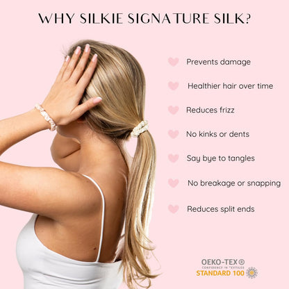 SILKIE x4 Set 100% Pure Mulberry Silk Black Brown Skinny Scrunchies Travel Pouch Everyday Hair Ties Elastics Hair Care Ponytail Holder No Damage