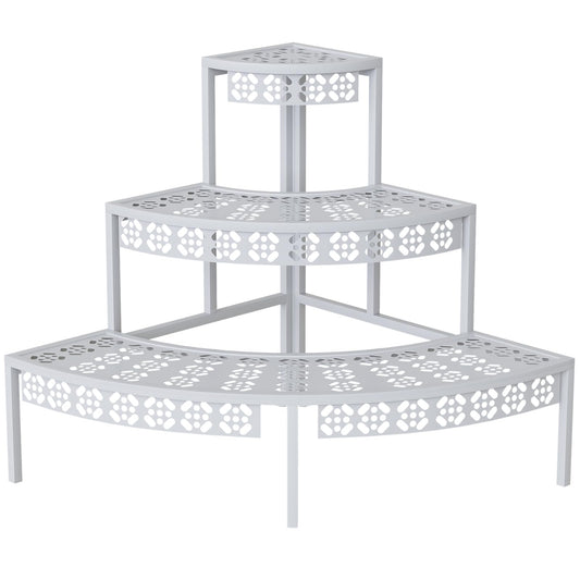 3 Tier Plant Stand Semi-Circular Flower Pot Organizer Rack Quarter Round Plant Display Holder Outdoor Storage Shelves Metal Corner Shelf Planter Shelving Ladder Plant Stand for Indoor Use(White)