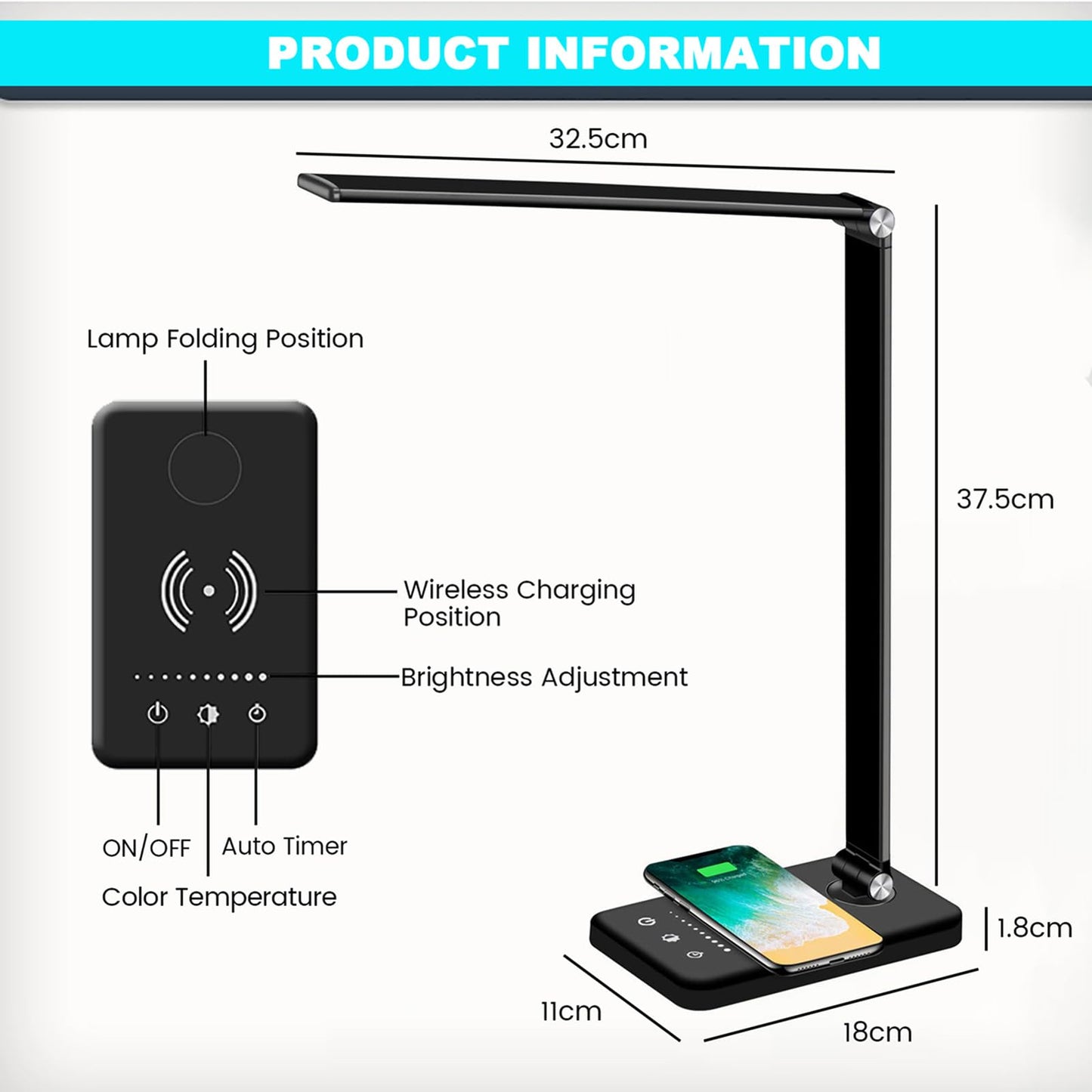 BIENSER LED Desk Lamp with Wireless Charger, USB Charging Port, Table Lamp with 10 Brightness, 5 Lighting Colors, Dimmable Eye-Caring Desk Lamps for Home Office, Touch Control, 30/60min Auto Timer