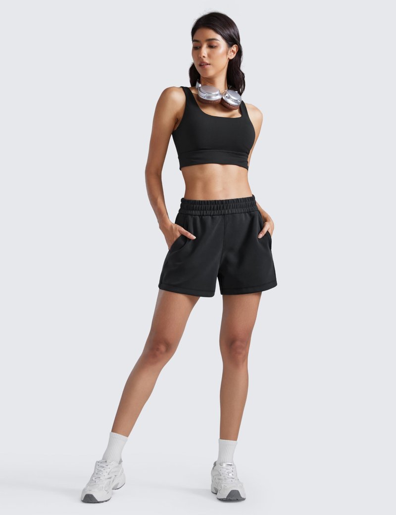 CRZ YOGA SoftAura Sweat Shorts for Women 4" - High Waisted Modal for Casual Lounge Athletic with Pockets Drawstring Black Medium