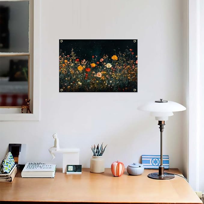 Yesad Wildflowers Field Landscape Wall Art, Floral Canvas Wall Art Wildflowers at Night Flower Prints Painting Rustic Wall Décor for Living Room Bedroom Farmhouse (Unframed,30”x20”,Wildflower1)