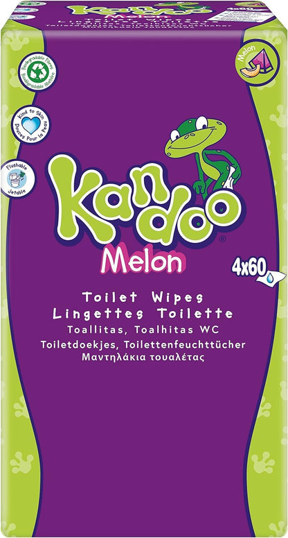 Kandoo Melon Flushable Moist Toilet Wipes, 4 x 60 Wipes (Total 240 ), Biodegradable and Plastic Free, Wet Toilet Tissues for Toddlers, Melon Scented, Multipack