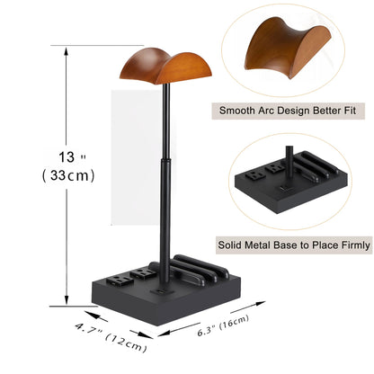 CASTLELIFE Headphone Stand Desktop Gaming Headset Holder with 2 AC Outlets and USB C&A Ports, Charging Station&Phone Stands, Wood Earphone Table Game Accessories for Desktop Gamer, Black