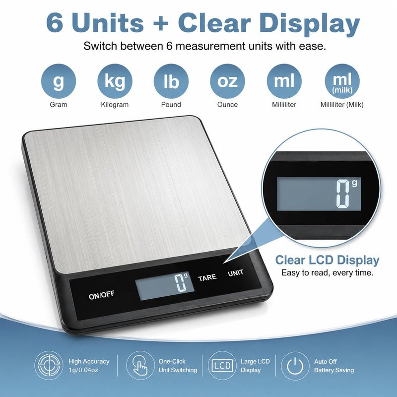 33LB/15KG Digital Kitchen & Food Scale – Waterproof Stainless Steel, USB Rechargeable, 1g Precision, Tare Function for Cooking, Baking, Meal Prep