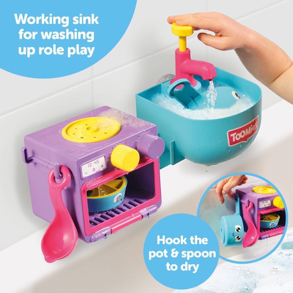 Toomies E73264 Bubble & Bake Bathtime, Bath Toddlers, Kitchen Themed Bubble Making Toy, 2 in 1 Set, Kids Water Play Suitable for 18 M & 2 3 & 4 Year Old Boys & Girls, Multicoloured, 21 X 28 X 15 cm