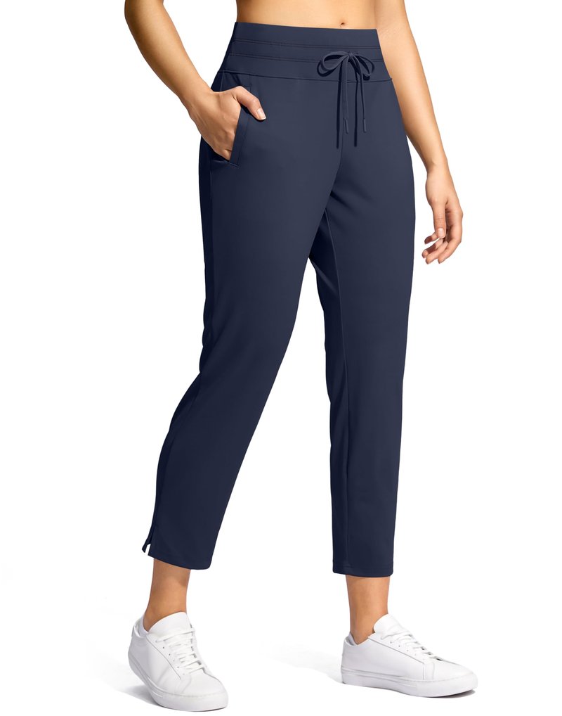 YYV Women's Pants with 3 Pockets High Waisted Golf Athletic Pants 7/8 Stretch Ankle Pants for Women Workout Travel Casual(Navy Medium)