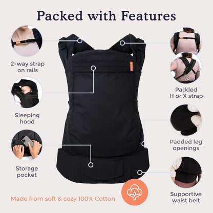 Beco Toddler Carrier with Extra Wide Seat, 100% Cotton Toddler Carrying Backpack Style and Front-Carry, Lightweight & Breathable Child Carrier, Toddler Sling Carrier 20-60 lbs (Metro Black)