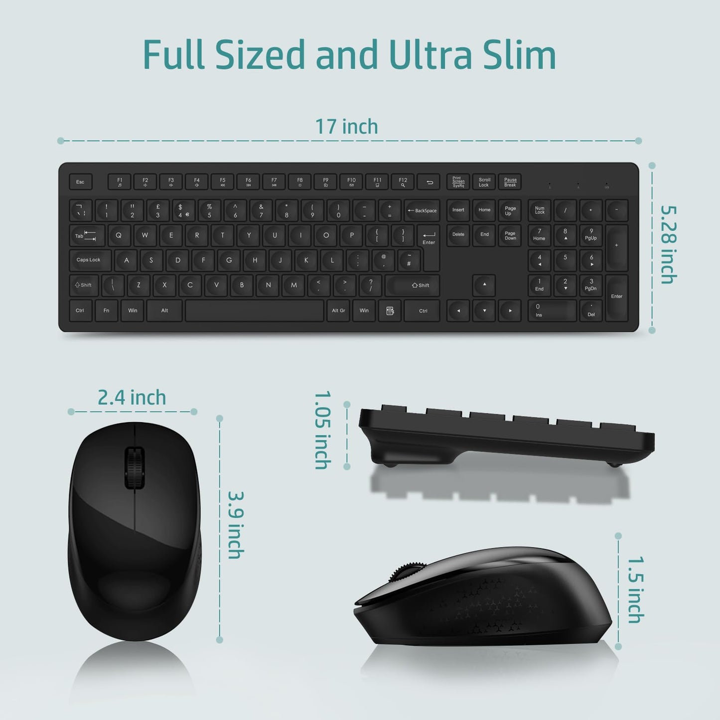 LeadsaiL Wireless Keyboard and Mouse Set, 2.4GHz USB Computer Keyboards and Mouse Combo, Full Size UK QWERTY Layout, Ergonomic Design with 12 Multimedia Shortcuts for HP/Lenovo Laptop and Mac - Black