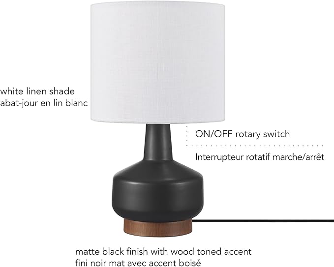 GLOBE Electric 61000046 15" Ceramic Table Lamp, Matte Black, Wood Toned Base, White Linen Shade, Dual Rotary Switch on Socket, Modern Lighting for Bedroom or Office, Home Décor, Lights for Nightstand