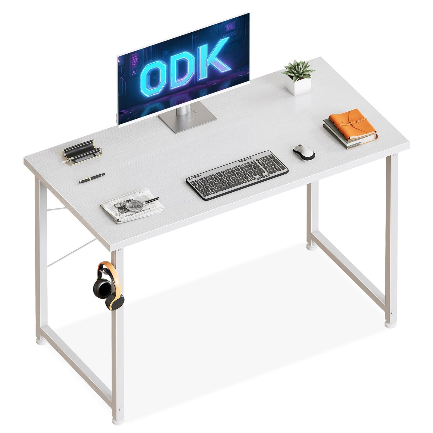 ODK 100×48 cm Desk, Small Computer Desk for Home Office, Study Office Table with Headphone Hooks for Small Space, Easy Assembly, White