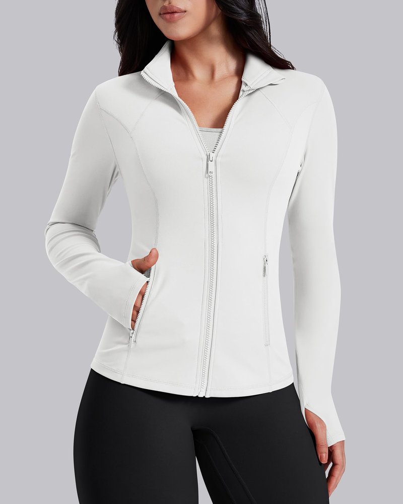 AVGO Womens Workout Jackets Lightweight Athletic Zip Up Jacket Slim Fit Running Gym Top with Pockets & Thumb Holes(White, L)