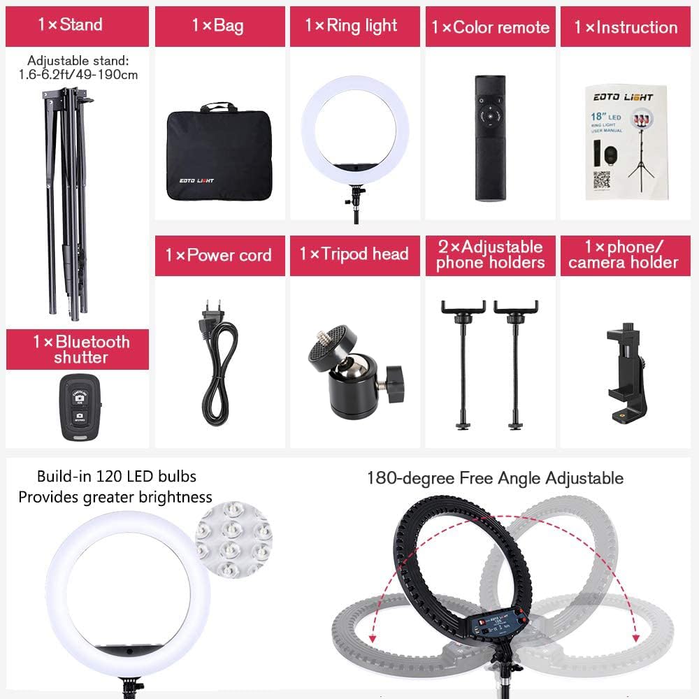 18 inch LED Ring Light with Tripod Stand Dimmable Makeup Ring light for Studio Portrait YouTube Vlog Video Shooting with Remote Controller, CRI 90
