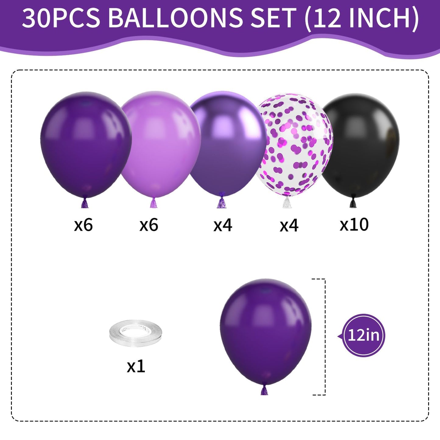 Purple and Black Balloons, 12 Inch Metallic Purple Dark Purple Black Balloons with Purple Confetti Latex Balloons for Halloween Birthday Wedding Graduations Balloons Party Decorations