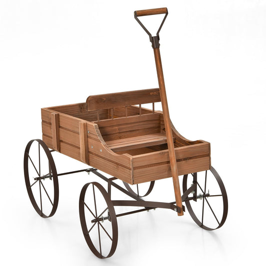 FIREFLOWERY Wooden Wagon Planter, Decorative Flower Pots w/ 2 Planting Sections, Wheels & Handle, Rustic Farmhouse Garden Planter Box for Patio, Yard, Porch (Walnut)