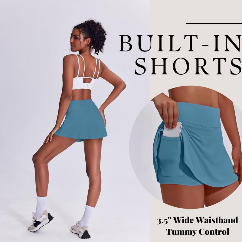 PINSPARK Tennis Skirts for Women Athletic Skort with Pockets Pleated Mini Golf Skirts Tummy Control, Oasis Blue X-Large