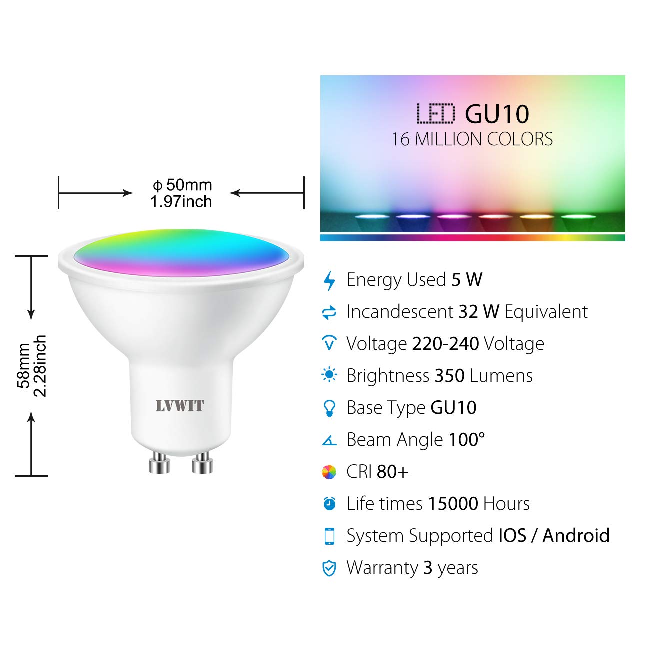 LVWIT GU10 Led Bulb,Smart RGB GU10 Tuya APP Bulbs,5W Replace 35 Watt, 350Lm,Compatible with Alexa, Echo, Google Assistant, TUYA/Smart Life Bulbs (Pack of 4)