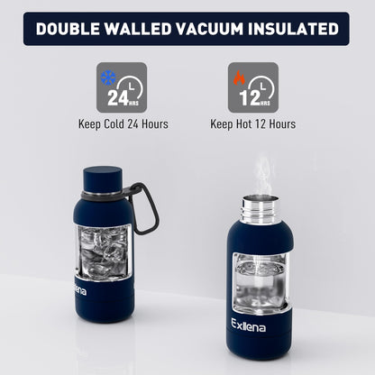 Exllena Small Water Bottle 12oz with Clip, Double Wall Stainless Steel Vacuum Small Insulated Water Bottle Keeps Drinks Cold 24 Hrs/Hot 12 Hrs for Kids Handbag School BPA Free (Navy Blue)