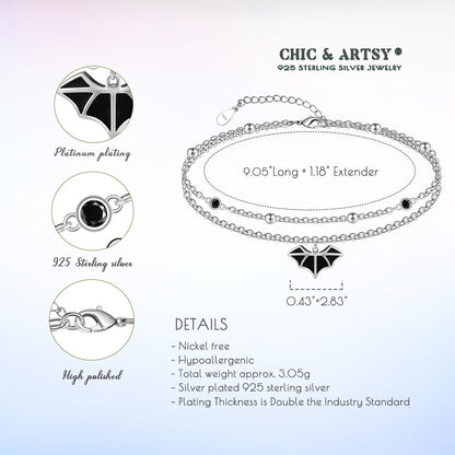 Bats Anklet 925 Sterling Silver Blacks Bats Ankle Bracelet for Women Dainty Boho Bats Chains Adjustable Beach Bats Black Zircon Anklet Layered Anklet Jewelry 11 Inches