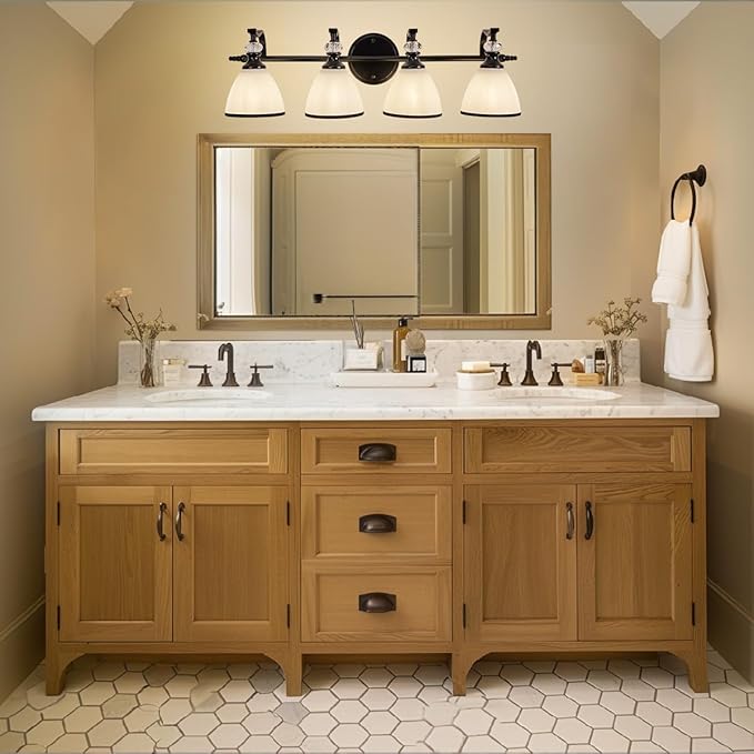 ANDY STAR Modern Bathroom Light Fixtures, 4-Light Vanity Lights, 28 inch Farmhouse Wall Sconces, Black Wall Lamp with Milky Glass, Well-Made Bathroom Lighting Fixtures Over Mirror for Living Room