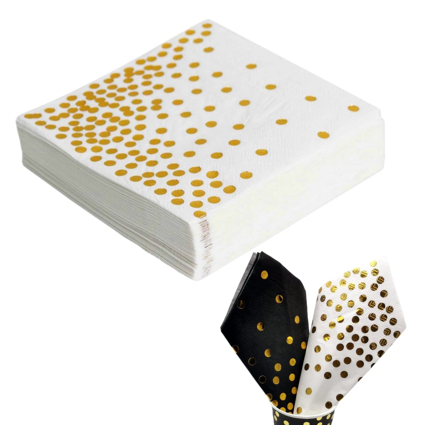 CEILIWEN 50PCS White & Gold Polka Dot Party Napkins, 33x33CM White with Gold Cocktail & Dinner Serviettes