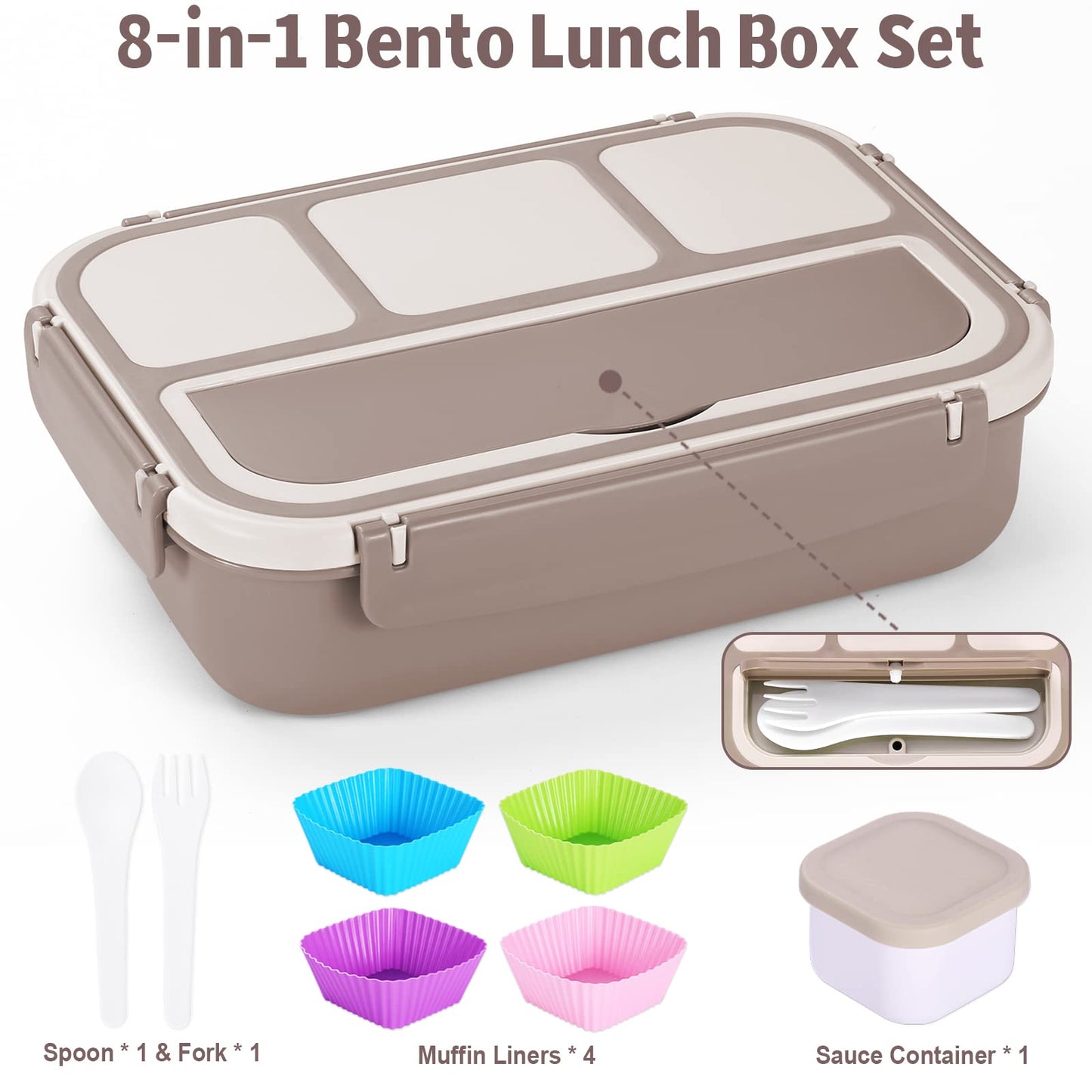Bento Box Adult Lunch Box, Containers for Adults Men Women with 4 Compartments, Lunchable Food Container with Utensils, Sauce Jar, Muffin Liners, 40 Oz/5 Cup, Microwave & Dishwasher Safe, Brown