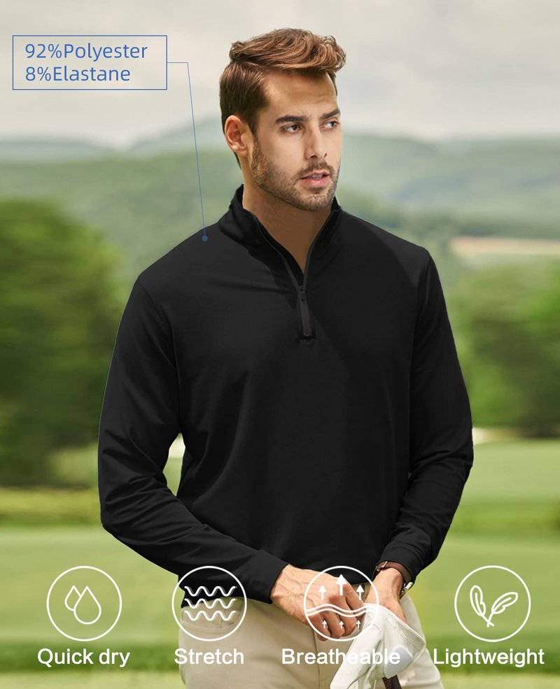 MEETYOO Quarter Zip Pullover Men,Long Sleeve Polo Shirts for Golf,1/4 Quick Dry UPF 50+ Sun Protection Sport Rash Guard Black