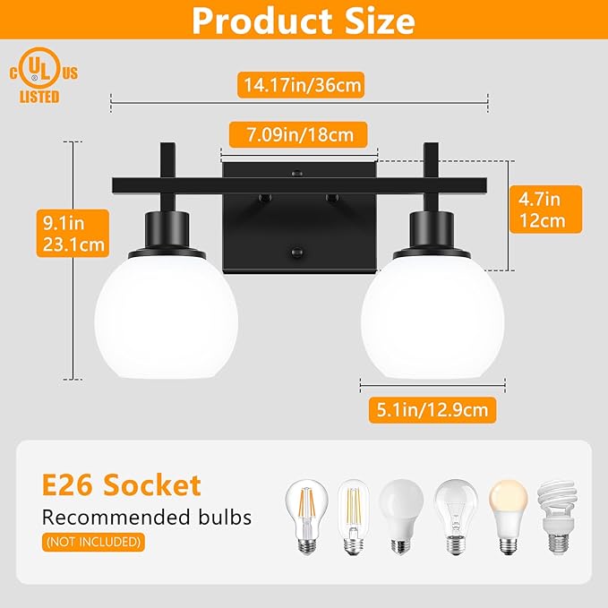 2-Light Black Bathroom Lighting Fixtures Over Mirror,Modern Vanity Lighting Fixtures,Bathroom Wall Mounted Vanity Light with Milky White Glass Lampshade for Living Room，Bedroom，Hallway