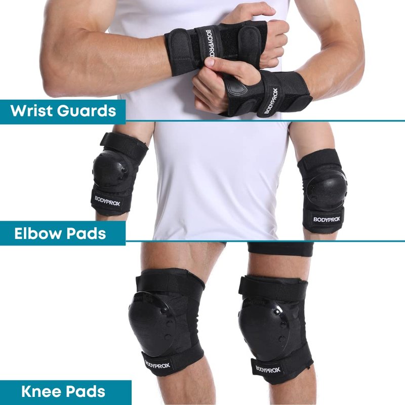 BODYPROX Knee Pads Elbow Pads Wrist Guards Set for Skateboarding, Roller Derby, BMX Ride, and Inline Skating (Youth One Size)