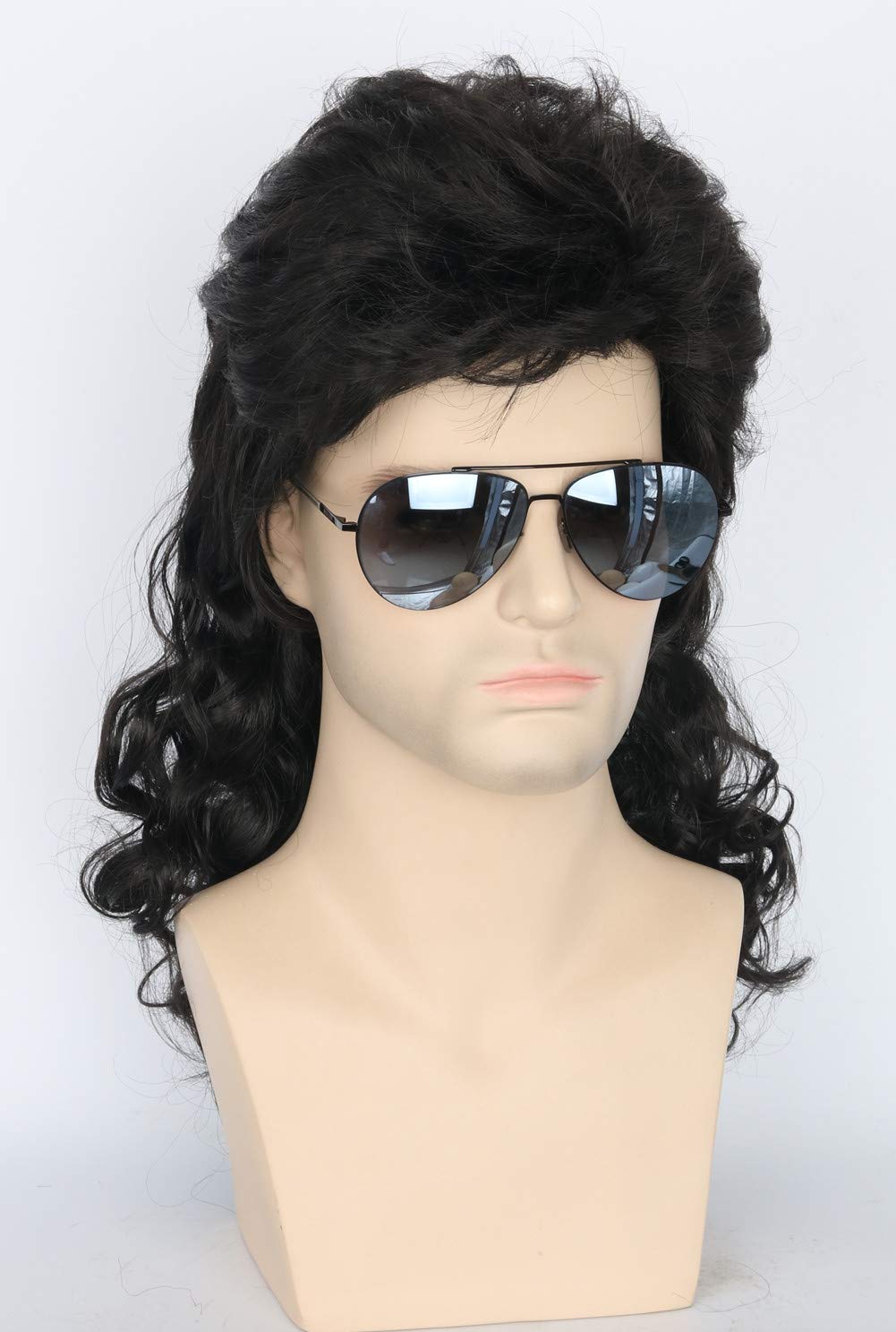 Topcosplay Men's 80s Mullet Wig - Black Curly Male Wig for Halloween Costumes, Punk Rocker Style