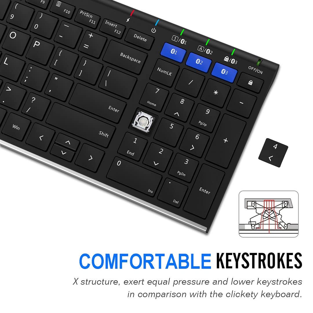 Arteck HB193 Universal Bluetooth Keyboard Multi-Device Stainless Steel Full Size Wireless Keyboard for Windows, iOS, Android, Computer Desktop Laptop Surface Tablet Smartphone Rechargeable Battery