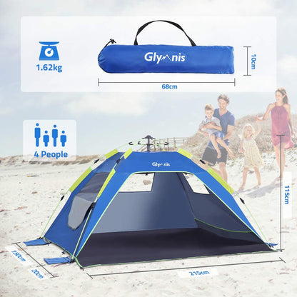 Glymnis Pop Up Beach Tent Sun Shade Shelter for 3-4 Person with UPF 50+, Lightweight & Easy Setup, Vent Windows & Zippered Door, Extended Floor Family Instant Beach Tent