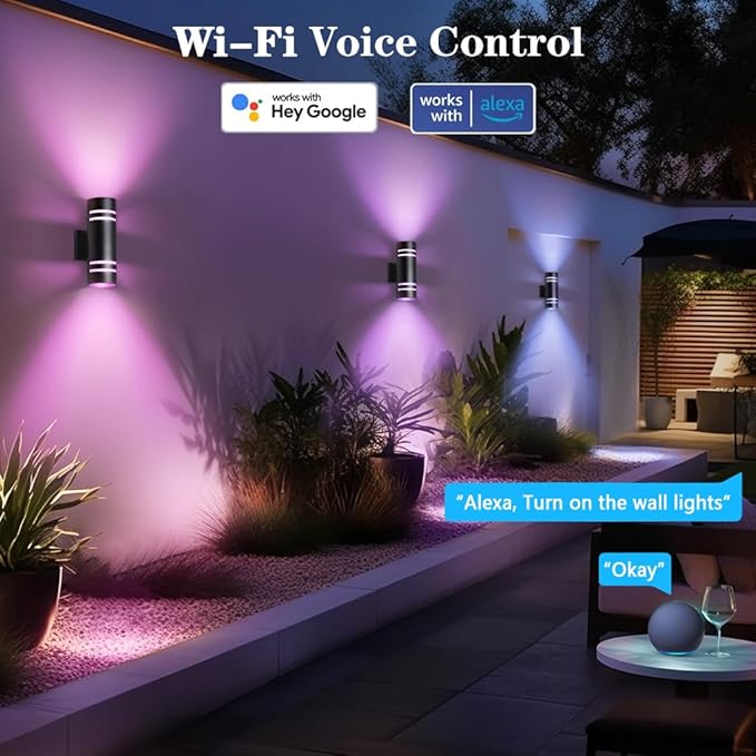 KIZON Smart Porch Lights 2 Pack, Modern Dusk to Dawn Outdoor Wall Lights Color Changing, Dimmable RGB Exterior Sconce Up and Down Light, Outside Lights for House Garage, Works with Alexa, ETL Listed