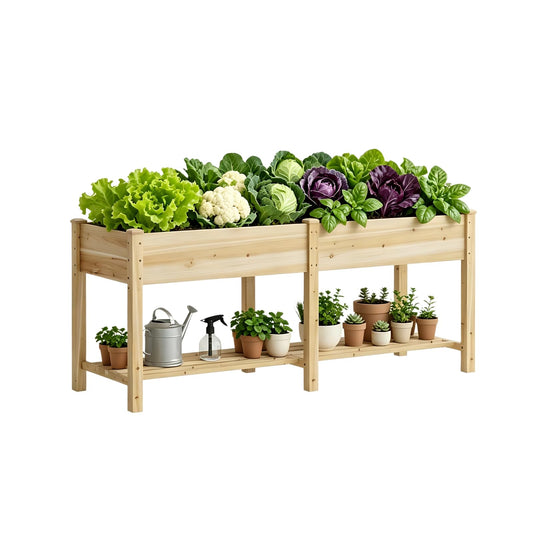 72x24x30.7 Wooden Planter Box with Storage Shelf Raised Garden Bed with Legs Elevated Wood Planter Box for Vegetables Flowers Herbs Garden Planter for Backyard Patio Balcony (Natural, Large)