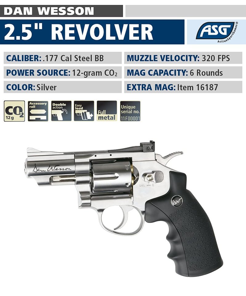 ASG Dan Wesson 2.5" Airgun - Double Action Trigger, Adjustable Rear Sight, Speed-Loader - .177 Cal/4.5mm CO2 BB Gun Pistols - 6 Cartridges, Silver