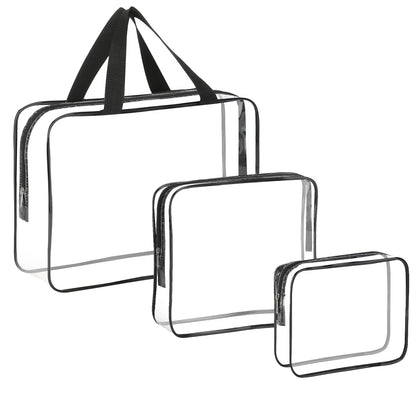 HAOGUAGUA 3 Pieces Large Clear Travel Bags for Toiletries, Waterproof Clear Plastic Cosmetic Makeup Bags, Transparent Packing Organizer Storage Bags (Black)