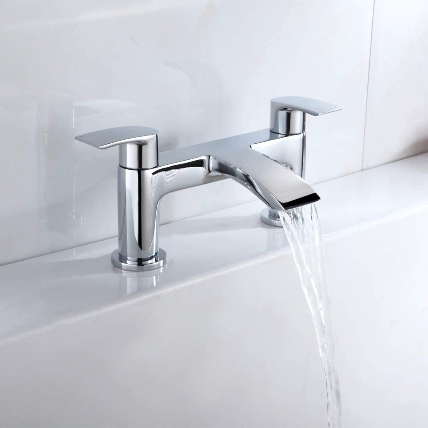 Hapilife Bath Tap Waterfall Bathroom Bathtub Mixer Taps 2 Holes Tub Tap Monobloc Bath Filler Mixer Taps Chrome Dual Lever Mono Deck Mounted Modern