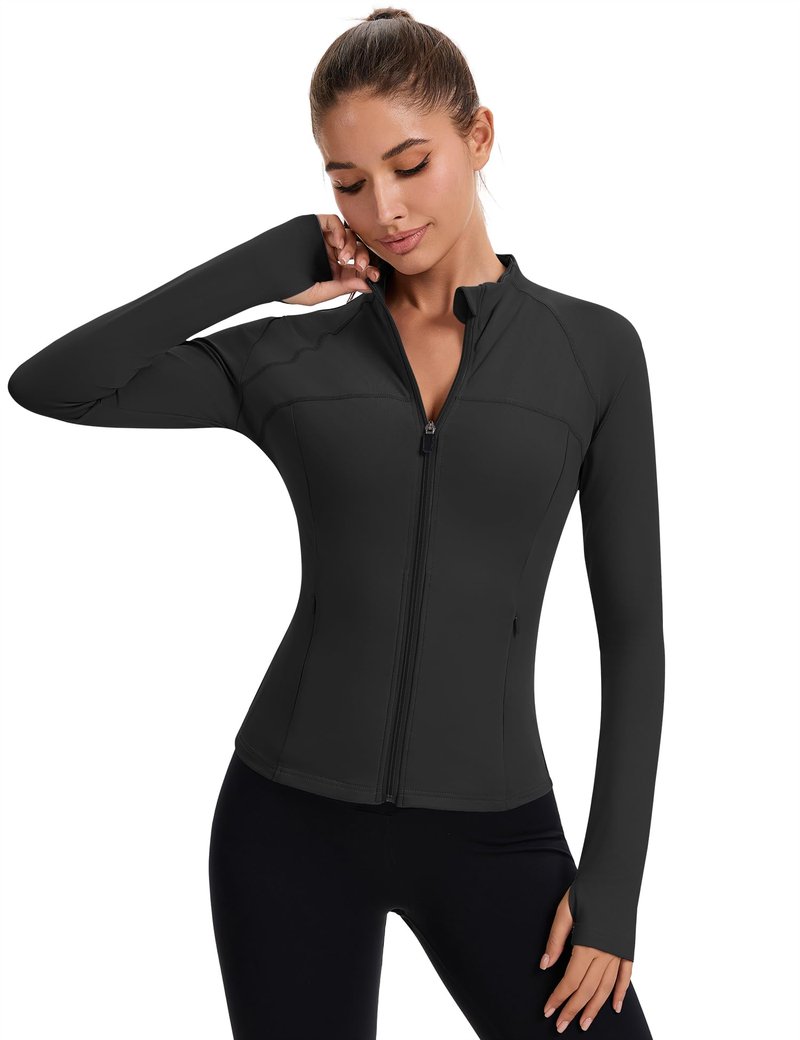 Rapbin Long Sleeve Workout Tops for Women Light Weight Zip Up Jackets Cropped Jacket with Thumb Holes (Black S)