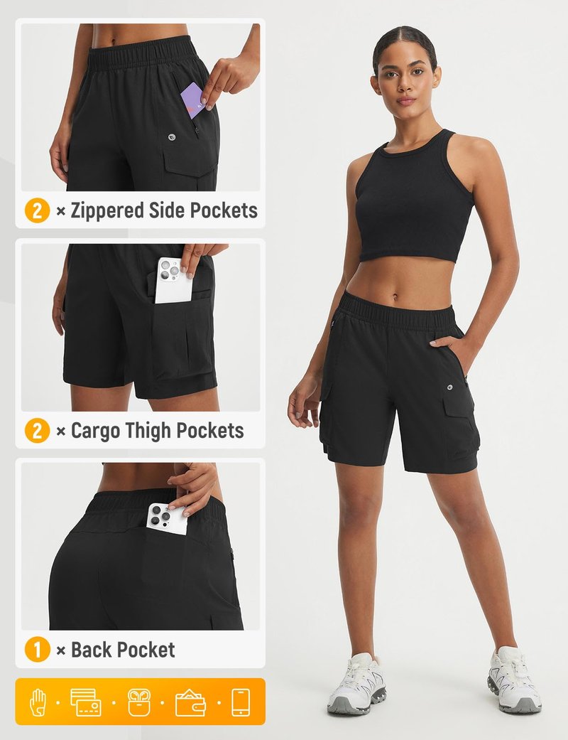 baleaf Women's 7'' Hiking Shorts with Zipper Pockets Quick Dry Lightweight Water Resistant Elastic Waist Cargo Shorts Outdoor Black XL