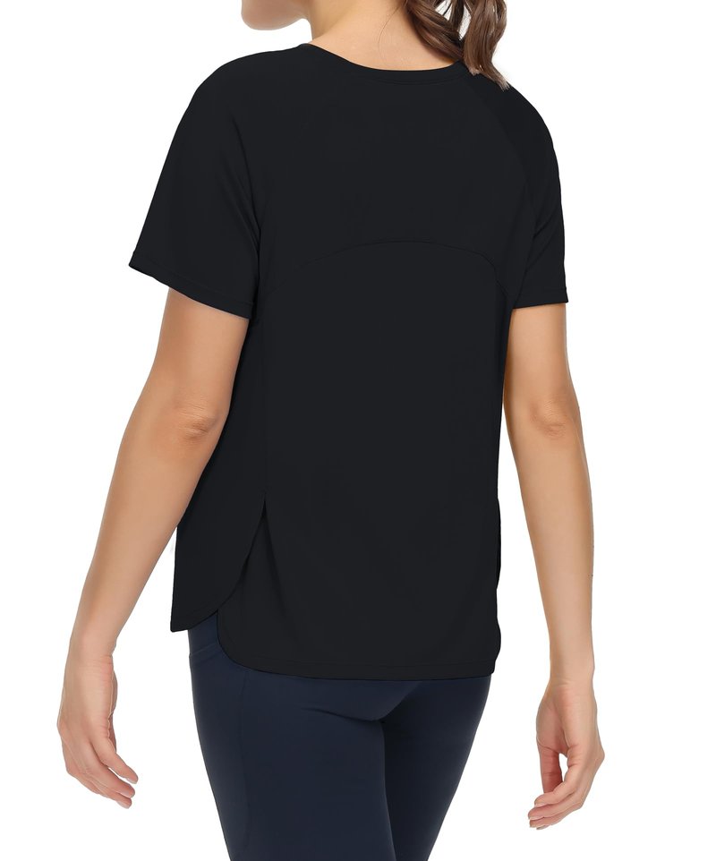 THE GYM PEOPLE Women's Short Sleeve Workout Shirts Breathable Yoga T-Shirts with Side Slits Athletic Tee Tops Black