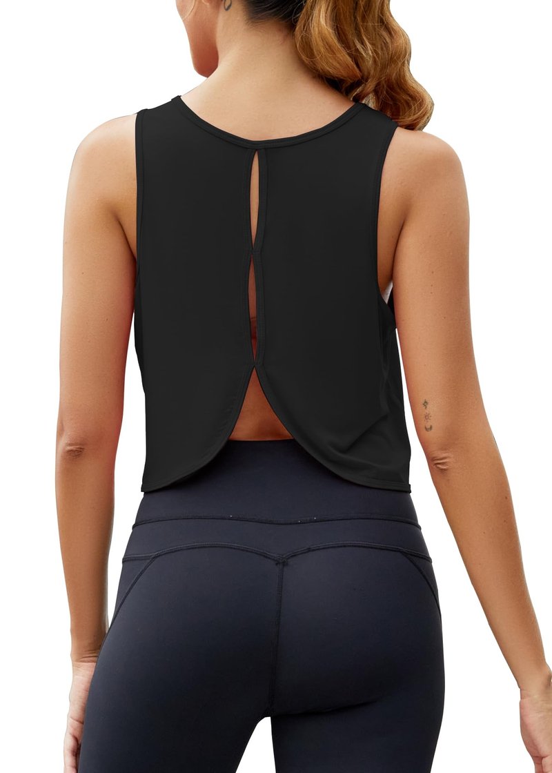 Mippo Crop Tops for Women Workout Athletic Gym Top Cropped Tank Open Back Shirts Running Clothes for Women Black M